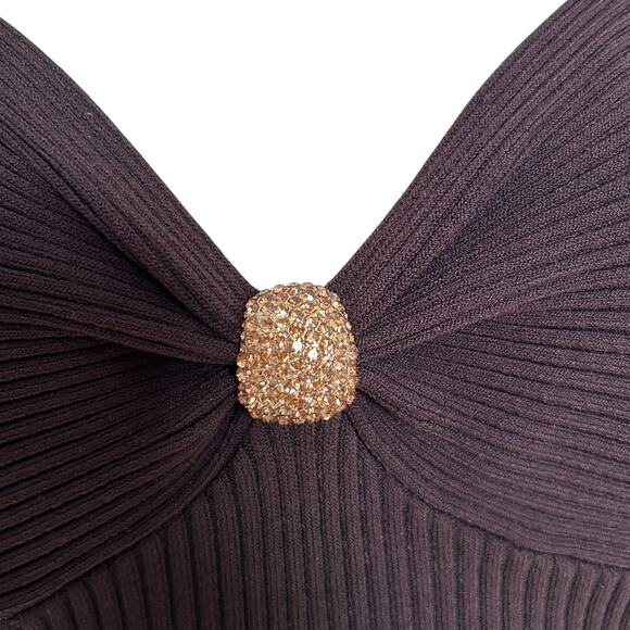 Cache Brown Gold Ribbed Tube Top Shirt Womens Sz Large Y2K V Neck 3/4 Sleeve - Picture 7 of 16